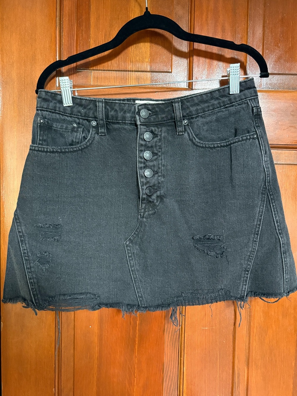 Button fly denim mini skirt